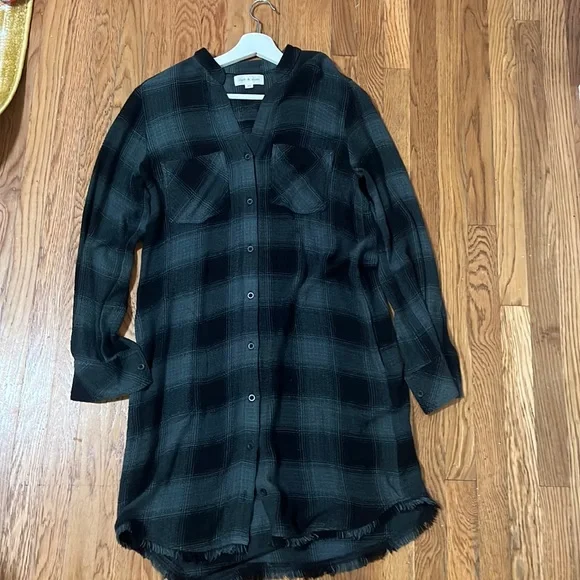 Anthropologie Cloth & Stone green plaid long sleeve shirt dress, xs